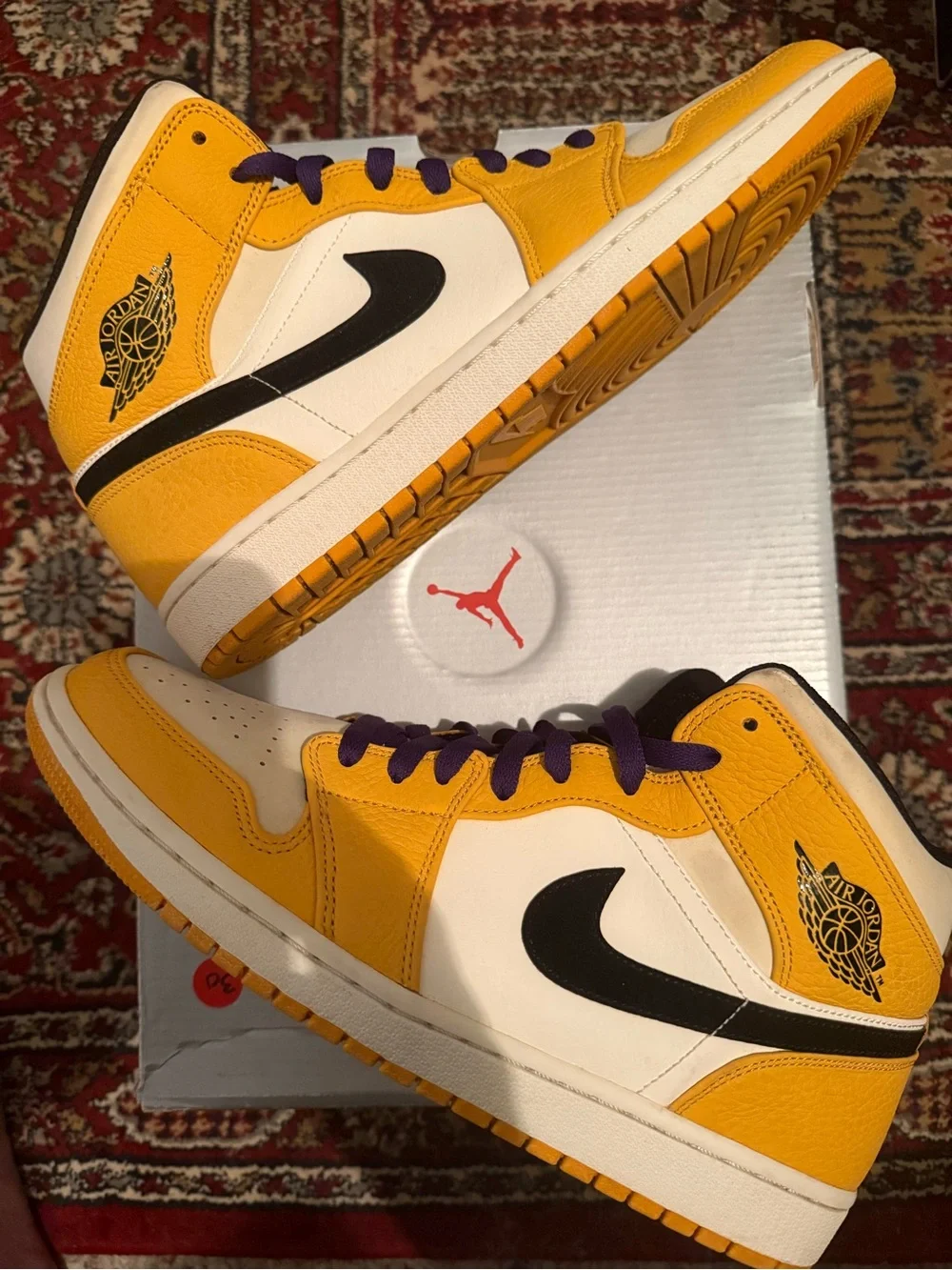 Jordan 1 Mid SE Lakers High-Top Sneakers - Yellow/White/Black with Purple Laces